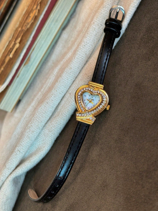 A Heart Remembered - Vintage Inspired Faux Leather Gold Heart Watch