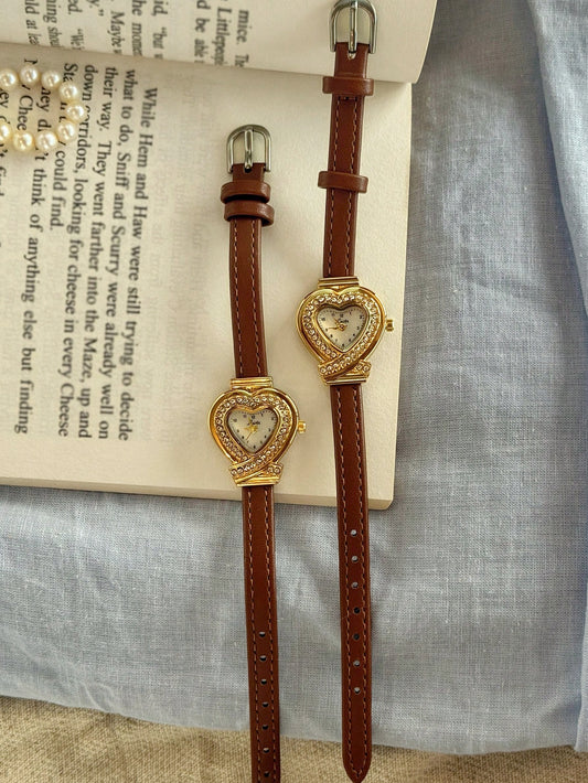Devotion in Time - Vintage Inspired Faux Leather Gold Heart Watch