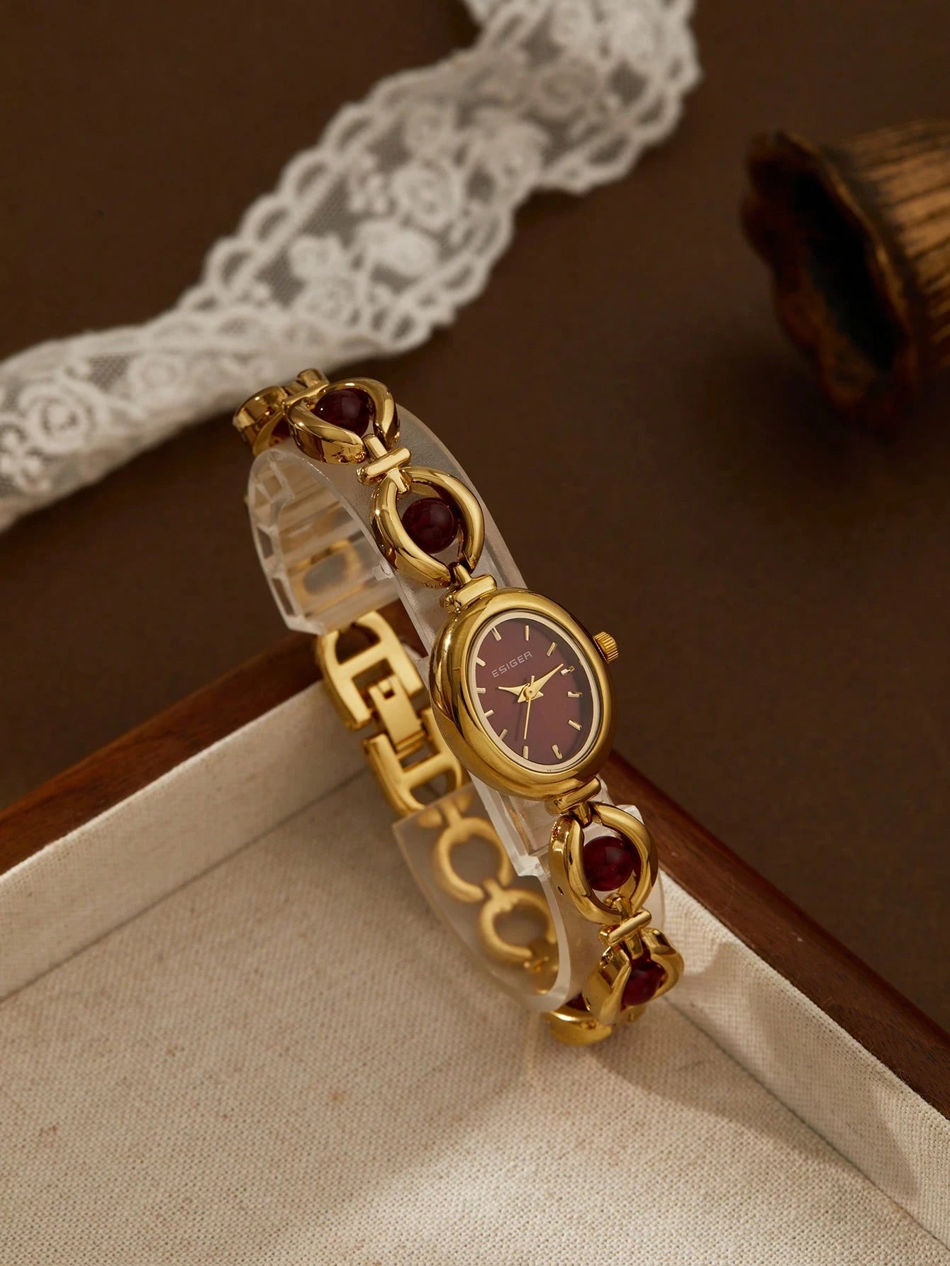 The Velvet Hour Watch- Burgundy Beaded Vintage Inspired Watch for Women