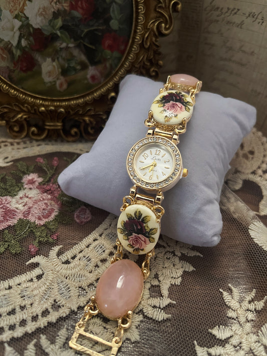 The Victorian Blush Timepiece- Blush Porcelain Floral Vintage Inspired Watch for Women