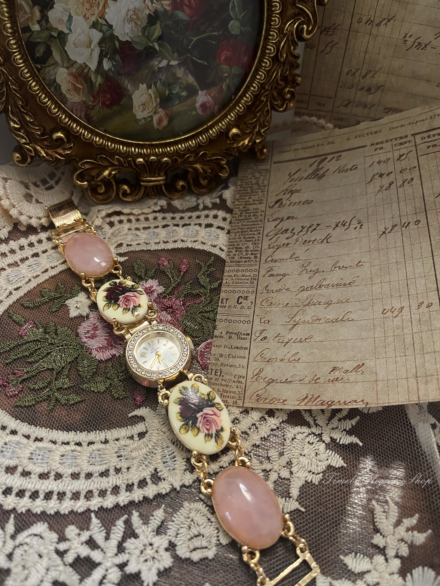The Victorian Blush Timepiece- Blush Porcelain Floral Vintage Inspired Watch for Women