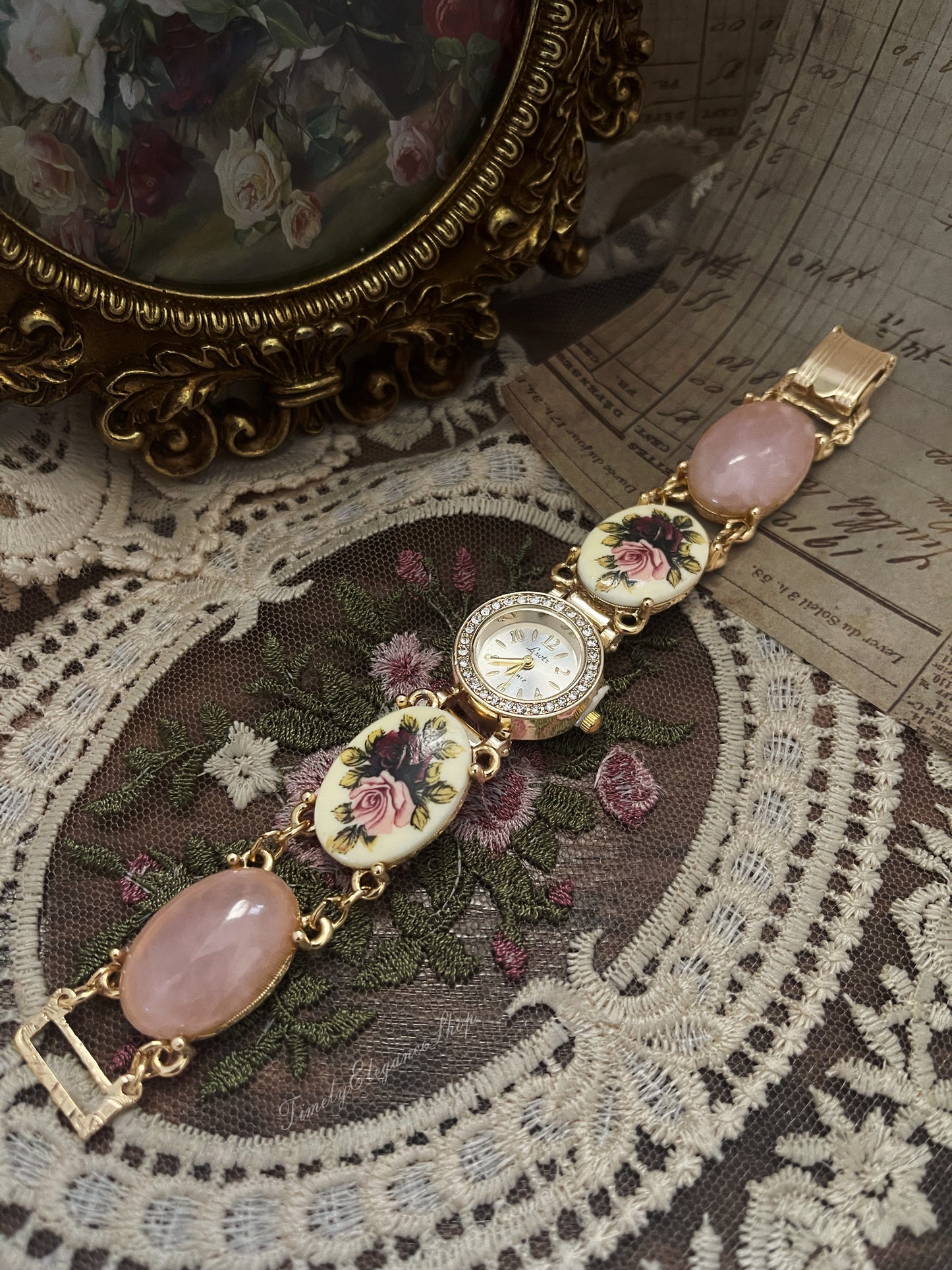 The Victorian Blush Timepiece- Blush Porcelain Floral Vintage Inspired Watch for Women