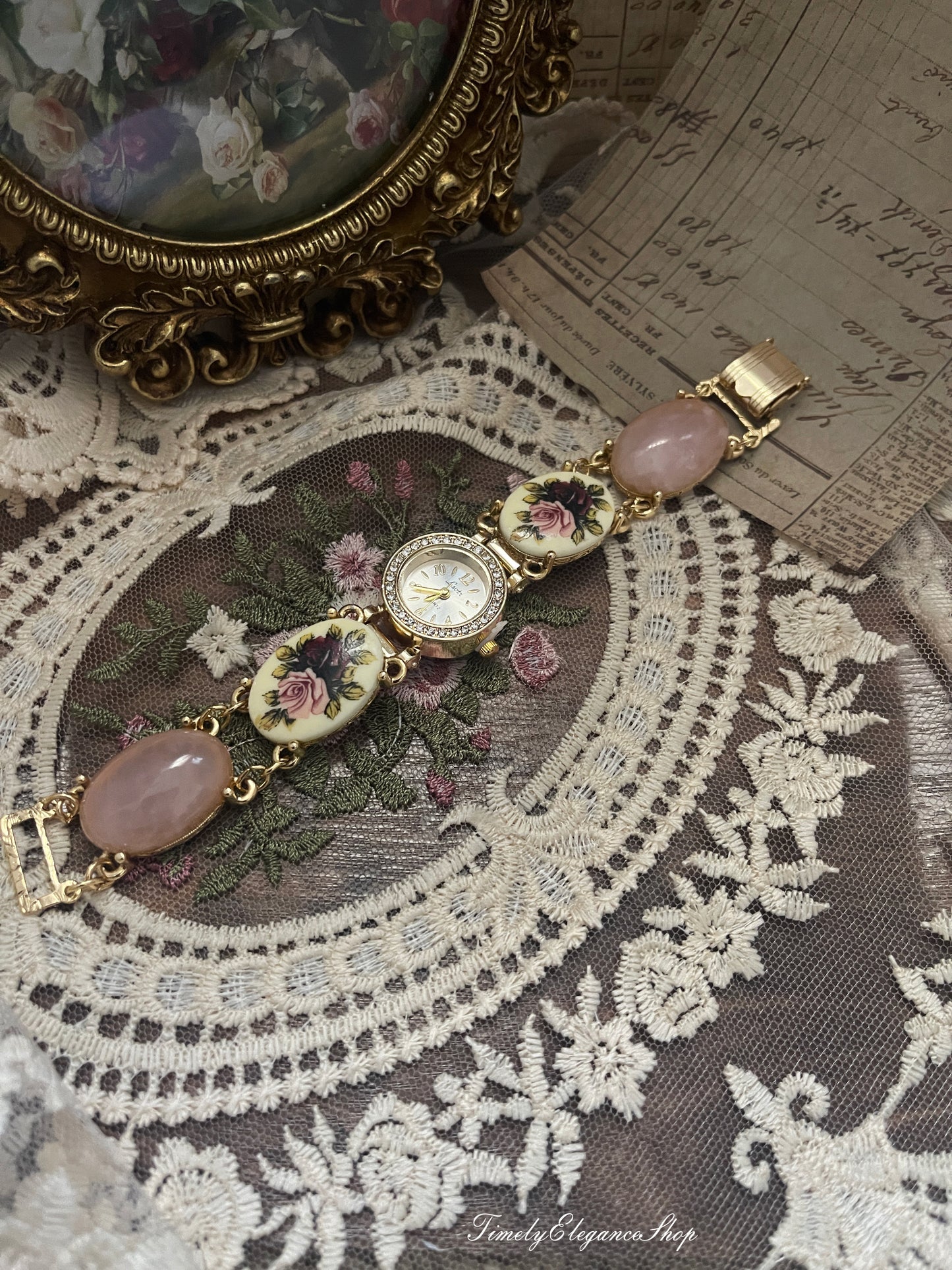 The Victorian Blush Timepiece- Blush Porcelain Floral Vintage Inspired Watch for Women
