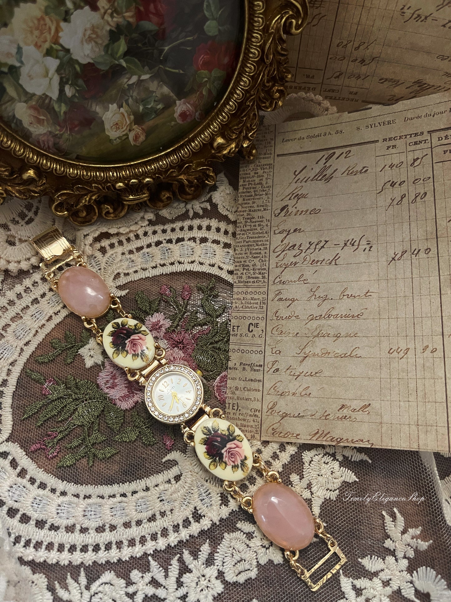 The Victorian Blush Timepiece- Blush Porcelain Floral Vintage Inspired Watch for Women