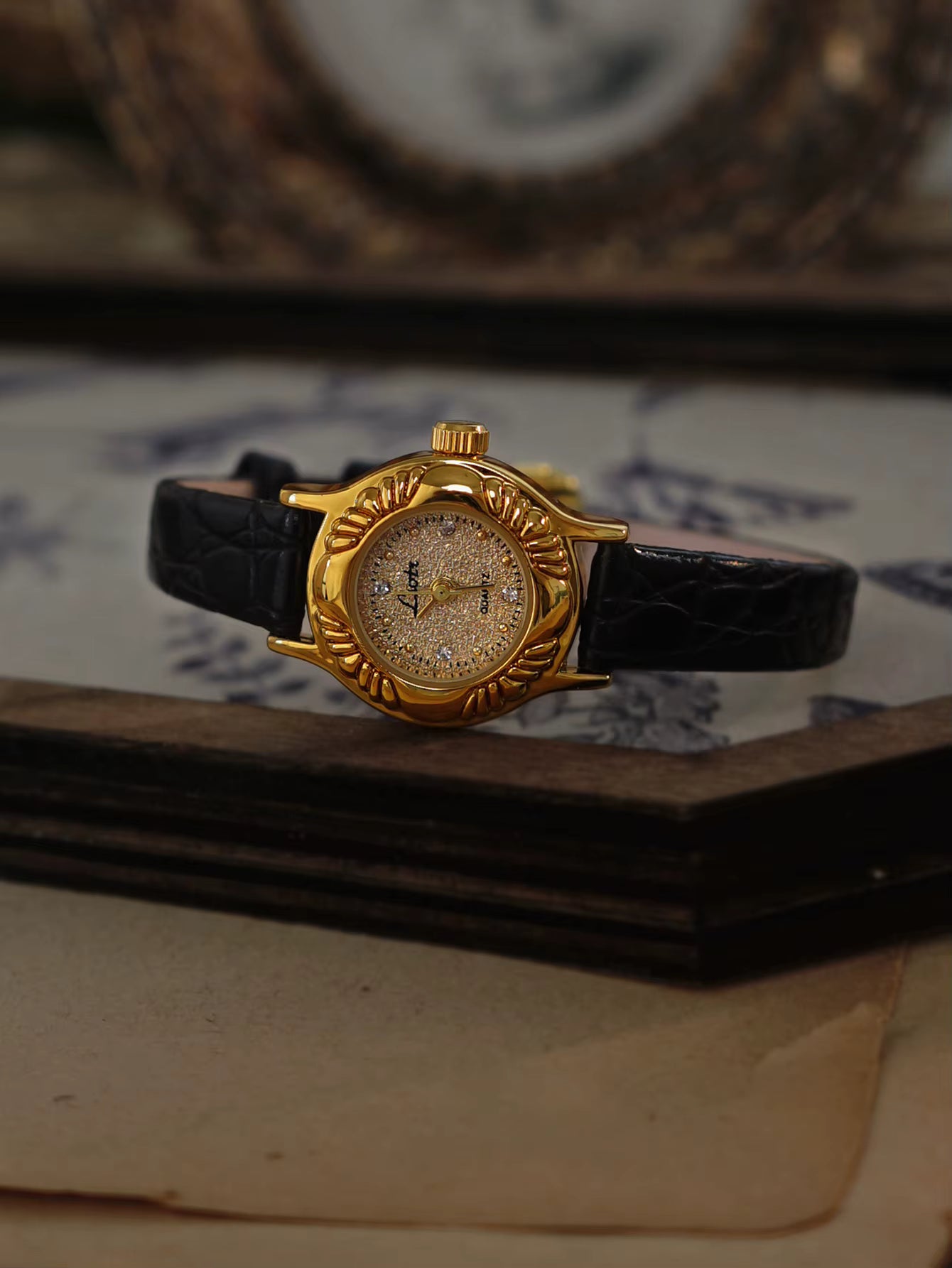 The Midnight Estate Timepiece - Gold And Black Leather Vintage Style Unique Dainty Women’s Wrist Watch