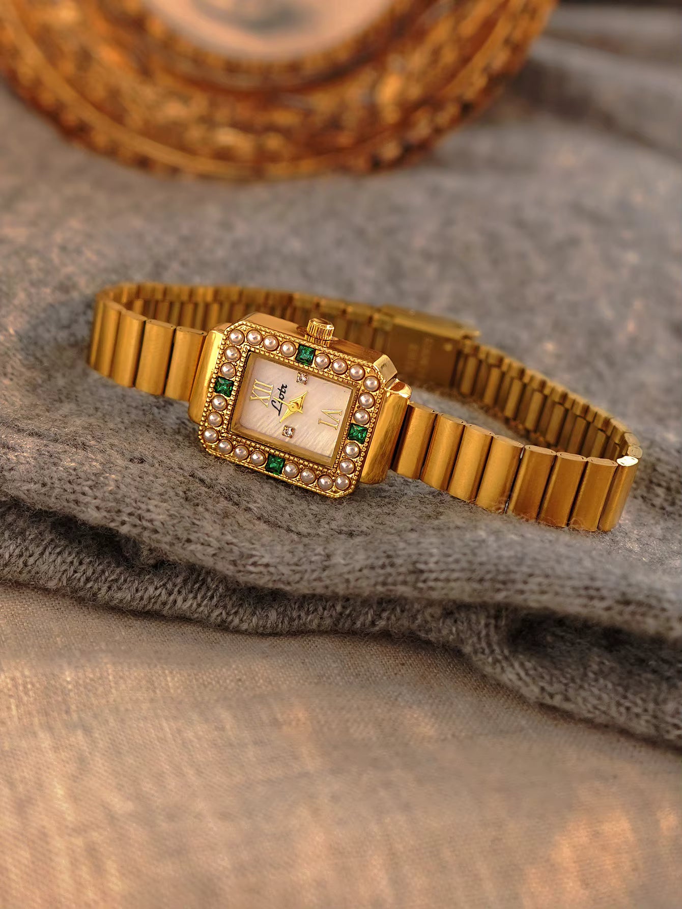 The Emerald Hour - Women’s Gold And Green Crystal Vintage Luxury Square Watch