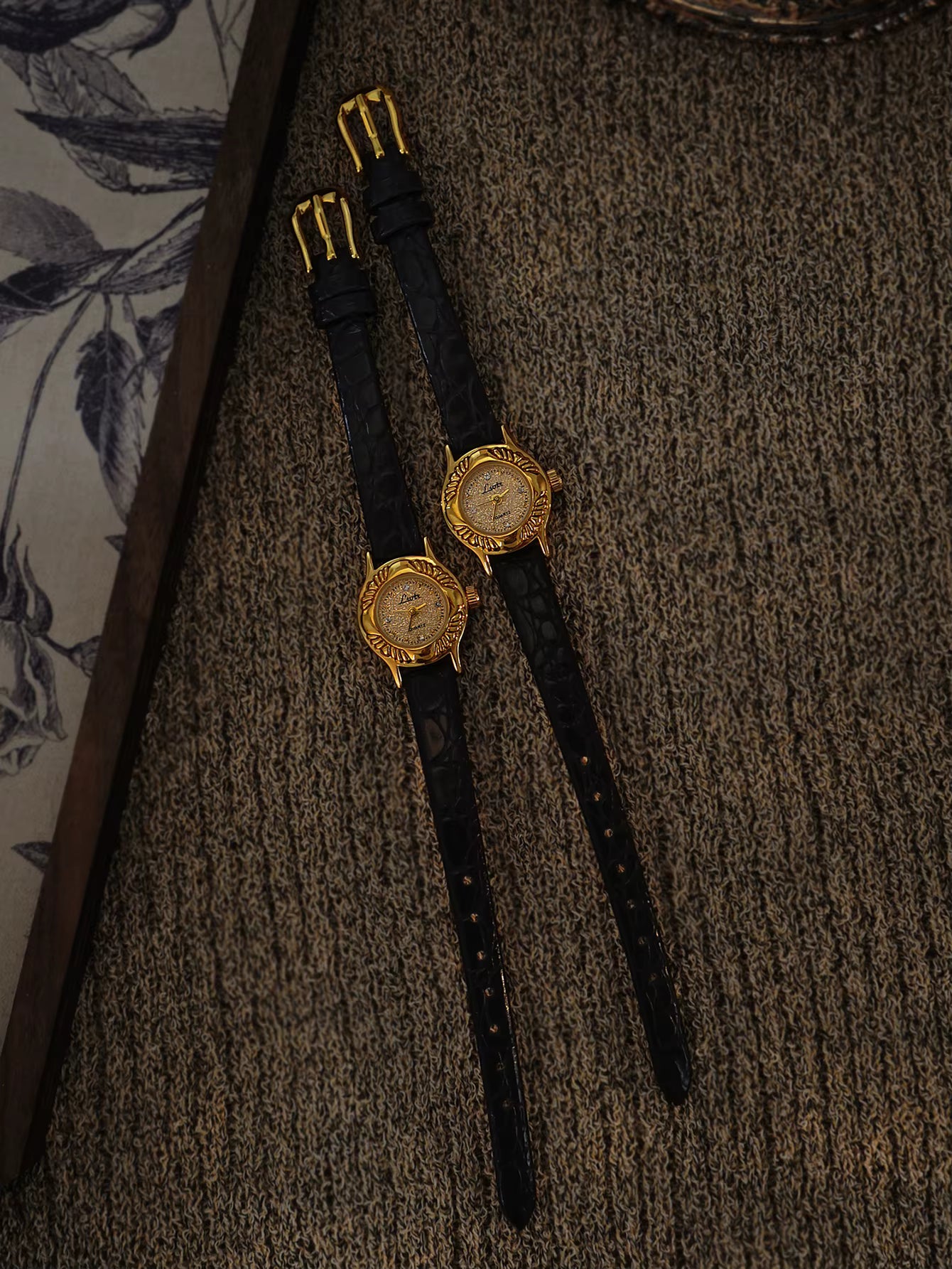 The Midnight Estate Timepiece - Gold And Black Leather Vintage Style Unique Dainty Women’s Wrist Watch