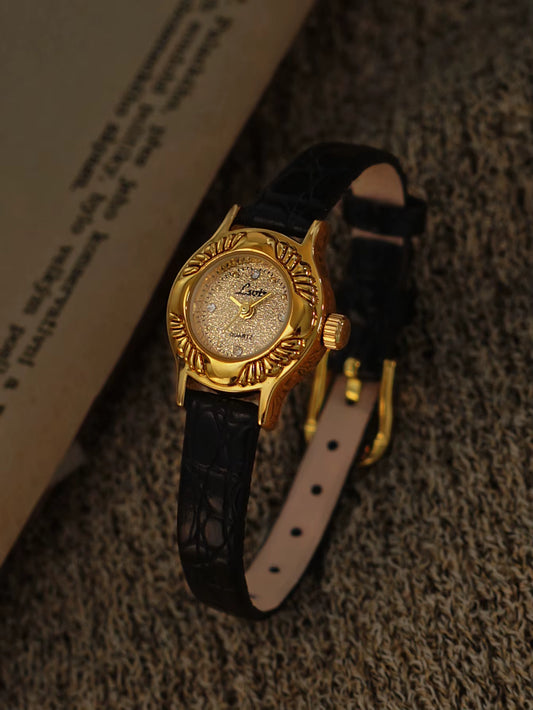 The Midnight Estate Timepiece - Gold And Black Leather Vintage Style Unique Dainty Women’s Wrist Watch