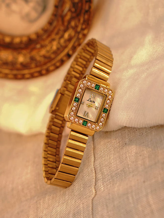 The Emerald Hour - Women’s Gold And Green Crystal Vintage Luxury Square Watch