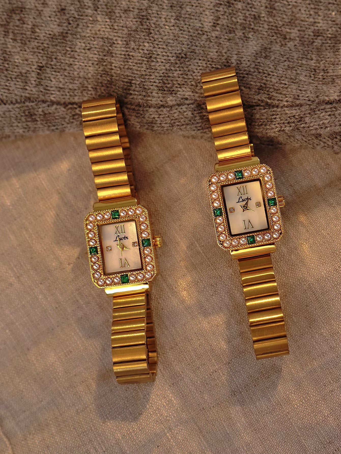 The Emerald Hour - Women’s Gold And Green Crystal Vintage Luxury Square Watch