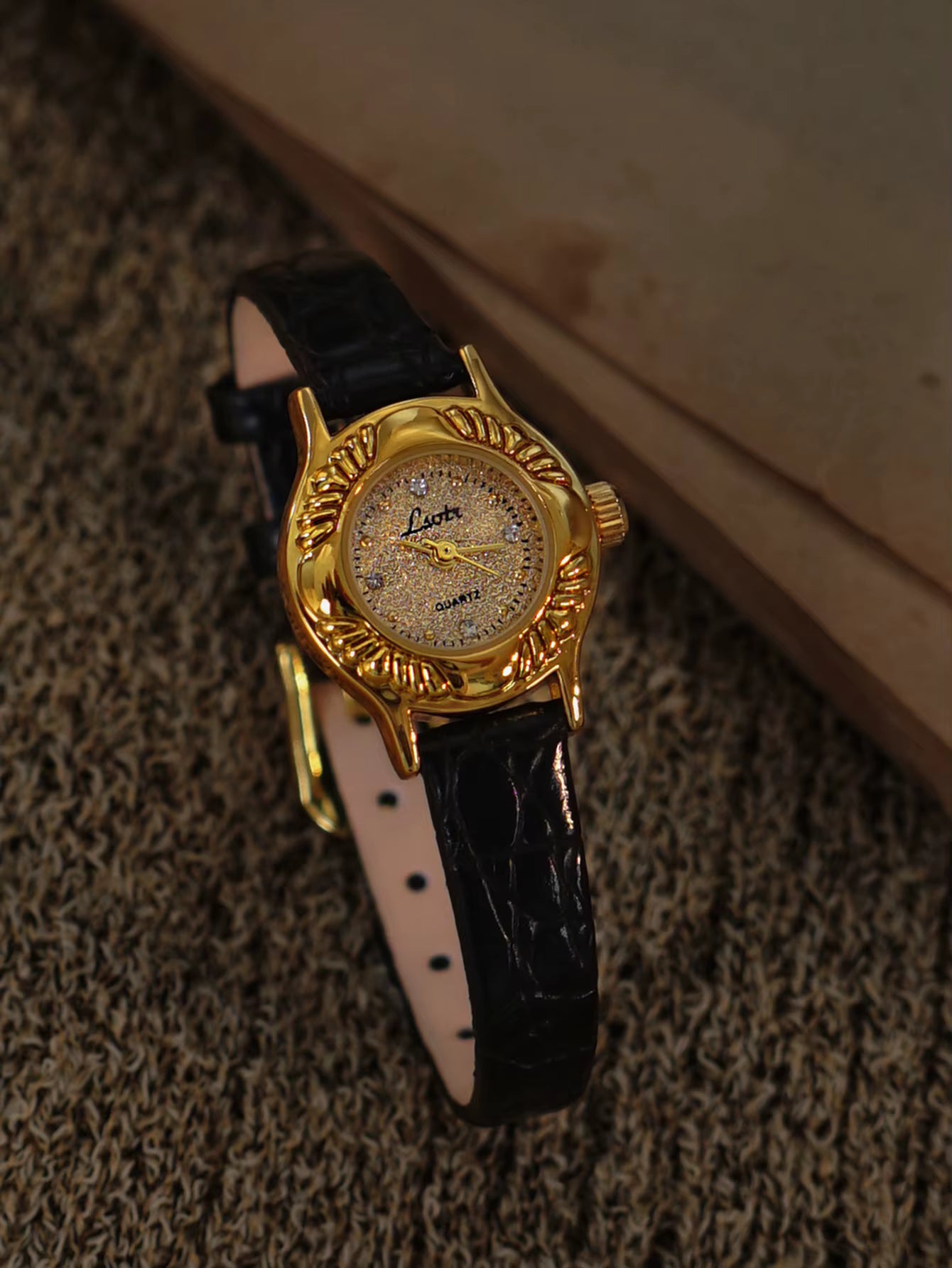 The Midnight Estate Timepiece - Gold And Black Leather Vintage Style Unique Dainty Women’s Wrist Watch