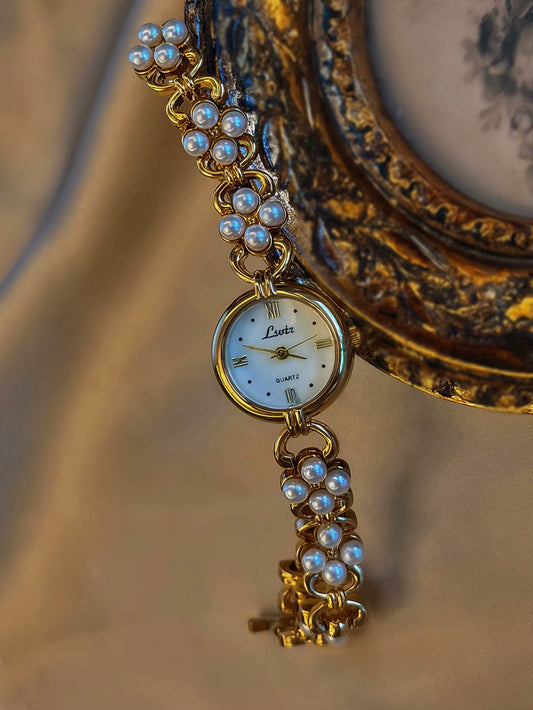 The Pearled Vine Watch - Vintage Gold Tone Women's Watch with Faux Pearl Band