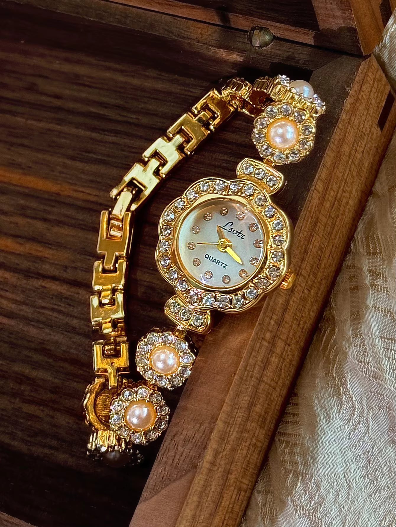 Gold Blossom Pearl Statement Watch- Gold Tone Vintage Style Unique Dainty Women’s Wrist Watch