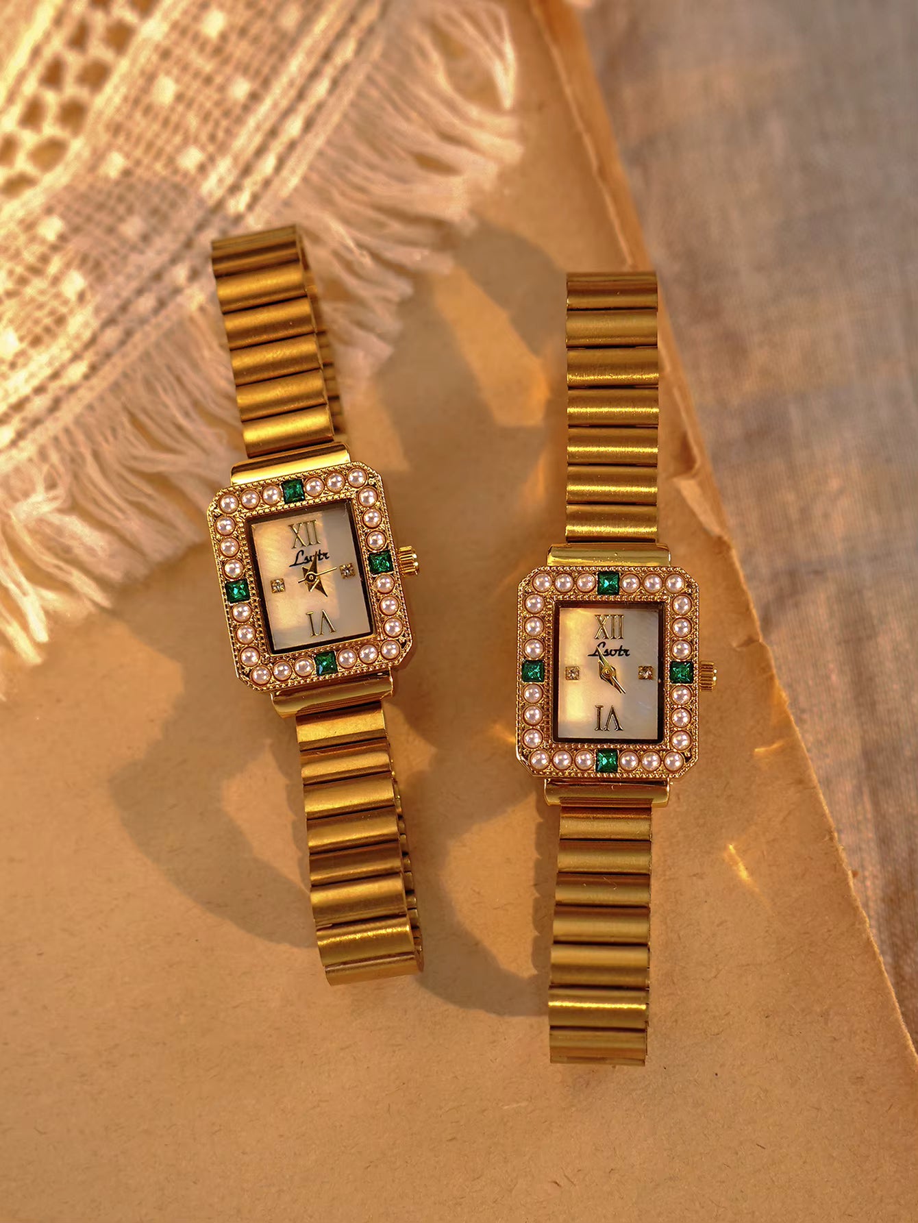 The Emerald Hour - Women’s Gold And Green Crystal Vintage Luxury Square Watch