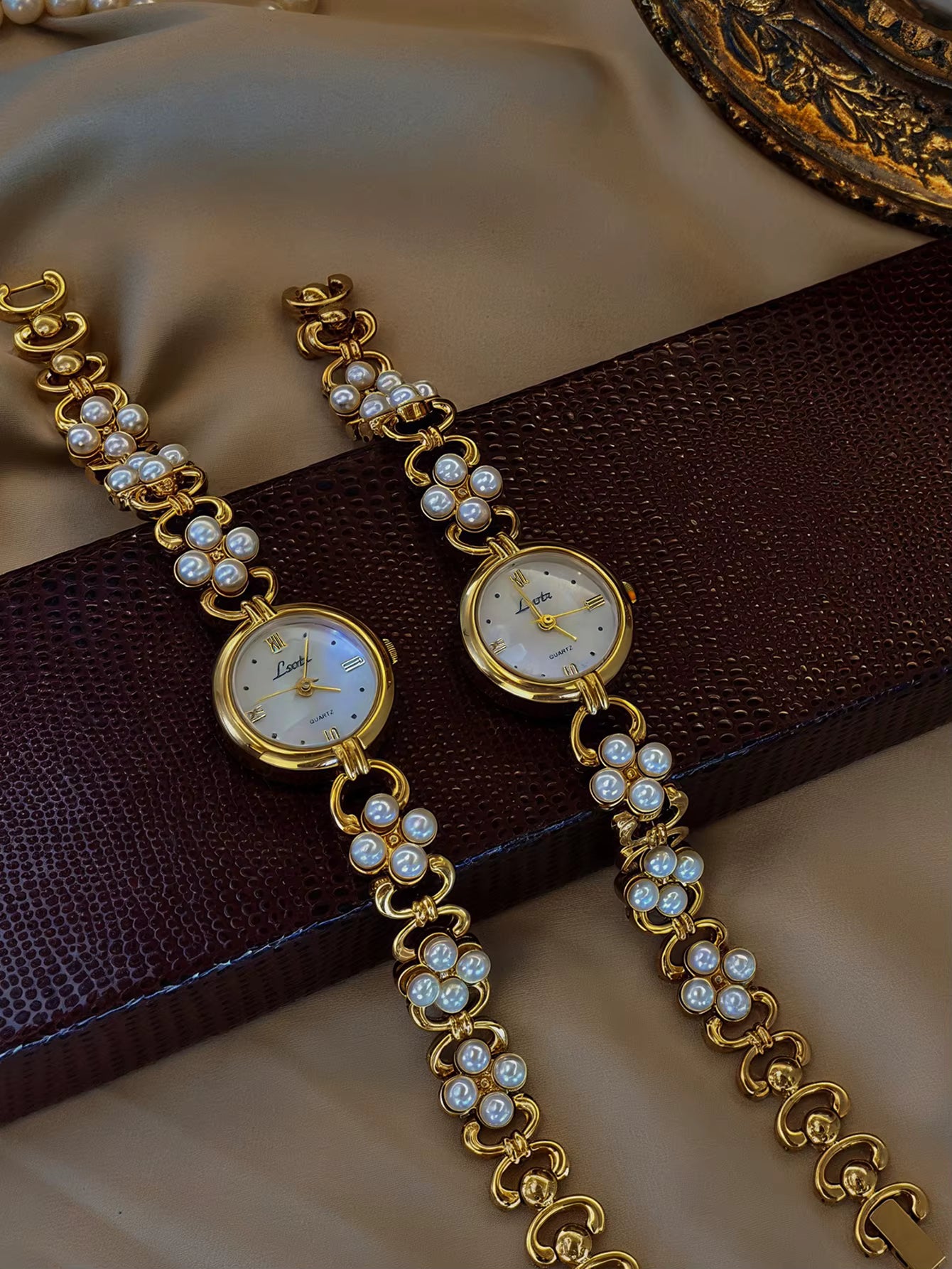 The Pearled Vine Watch - Vintage Gold Tone Women's Watch with Faux Pearl Band