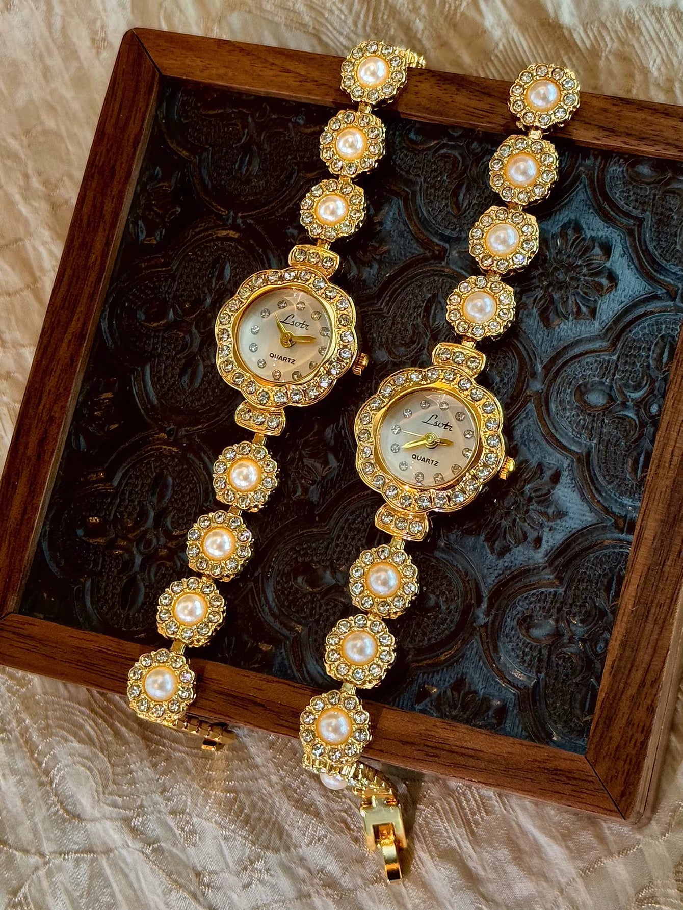 Gold Blossom Pearl Statement Watch- Gold Tone Vintage Style Unique Dainty Women’s Wrist Watch