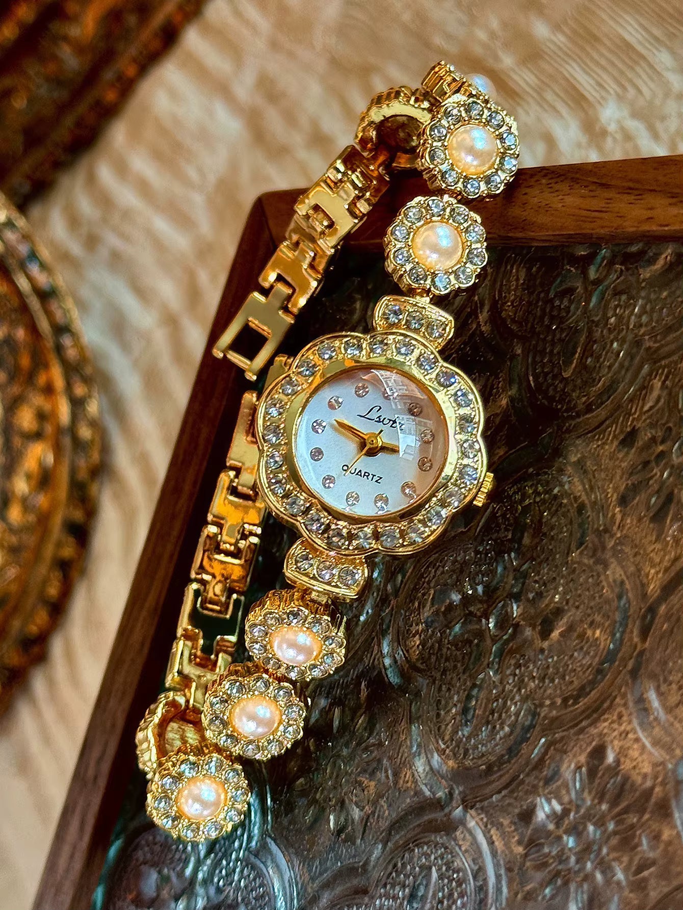 Gold Blossom Pearl Statement Watch- Gold Tone Vintage Style Unique Dainty Women’s Wrist Watch