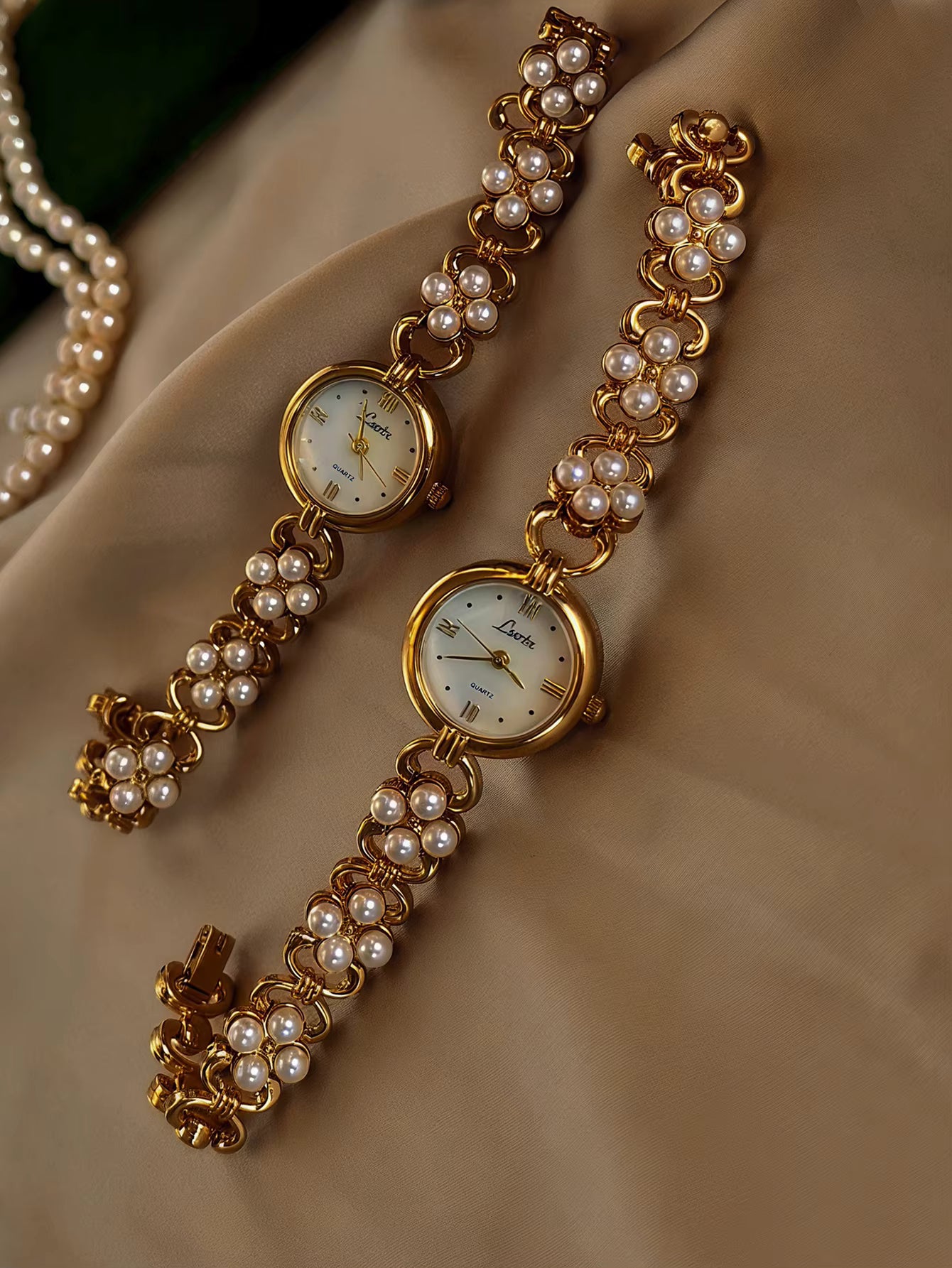 The Pearled Vine Watch - Vintage Gold Tone Women's Watch with Faux Pearl Band