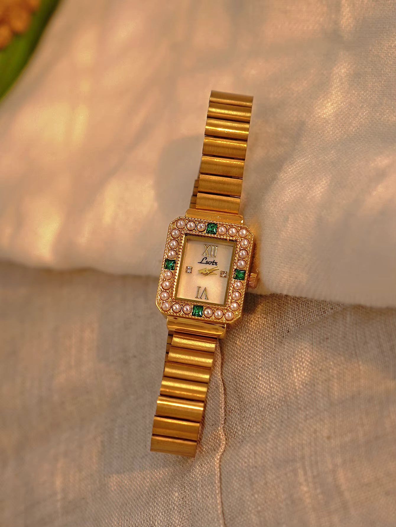 The Emerald Hour - Women’s Gold And Green Crystal Vintage Luxury Square Watch