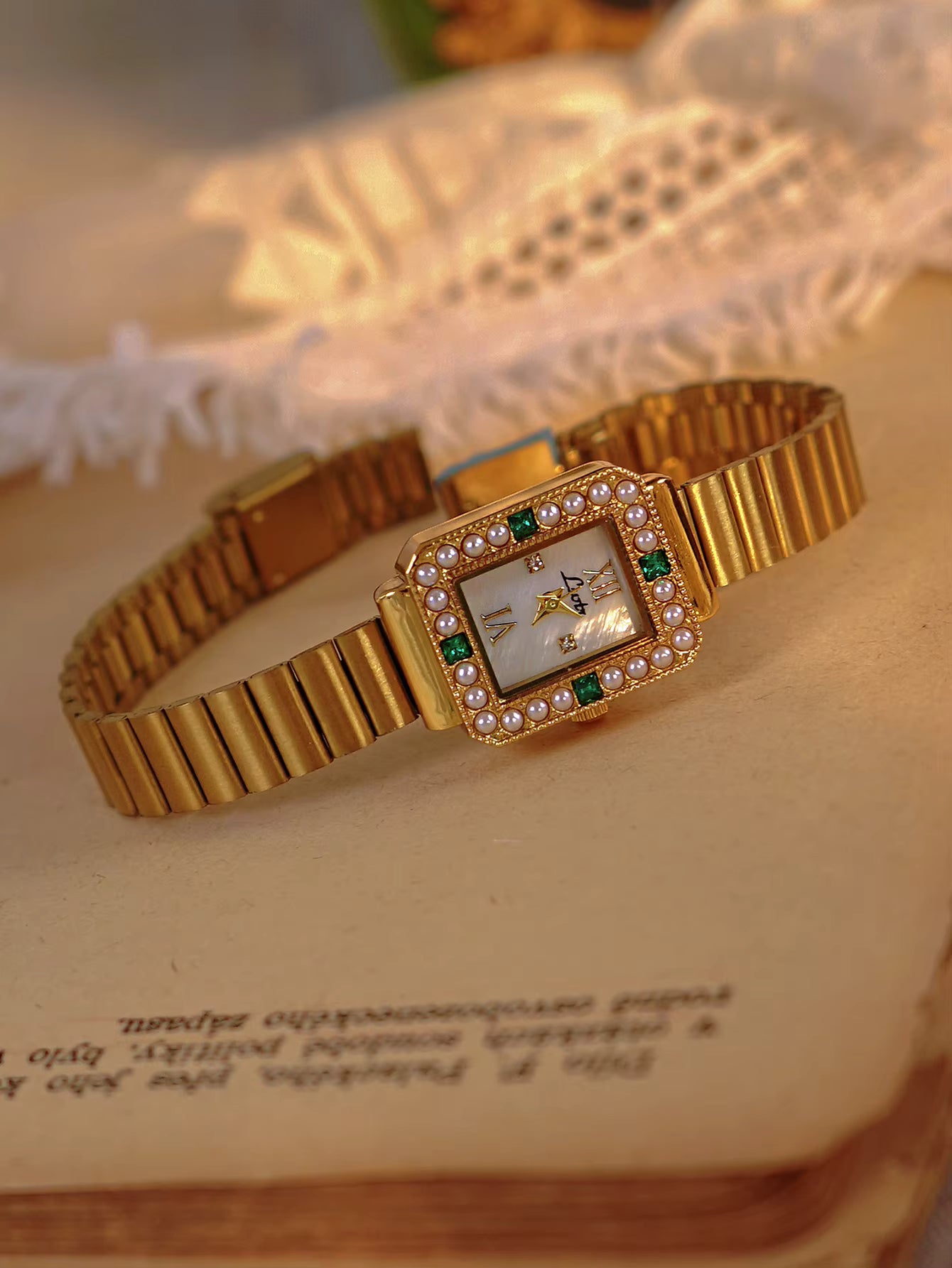 The Emerald Hour - Women’s Gold And Green Crystal Vintage Luxury Square Watch
