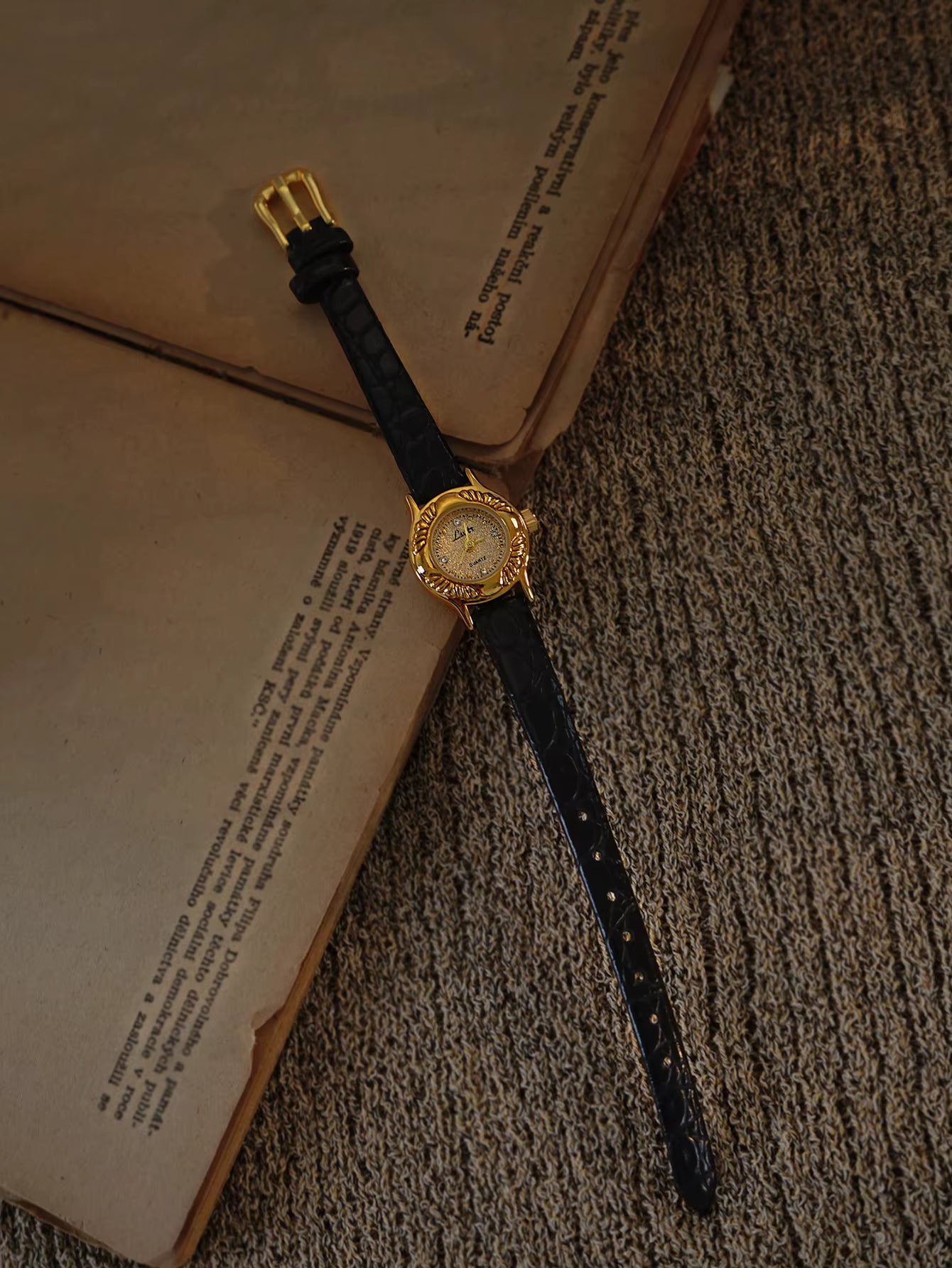 The Midnight Estate Timepiece - Gold And Black Leather Vintage Style Unique Dainty Women’s Wrist Watch