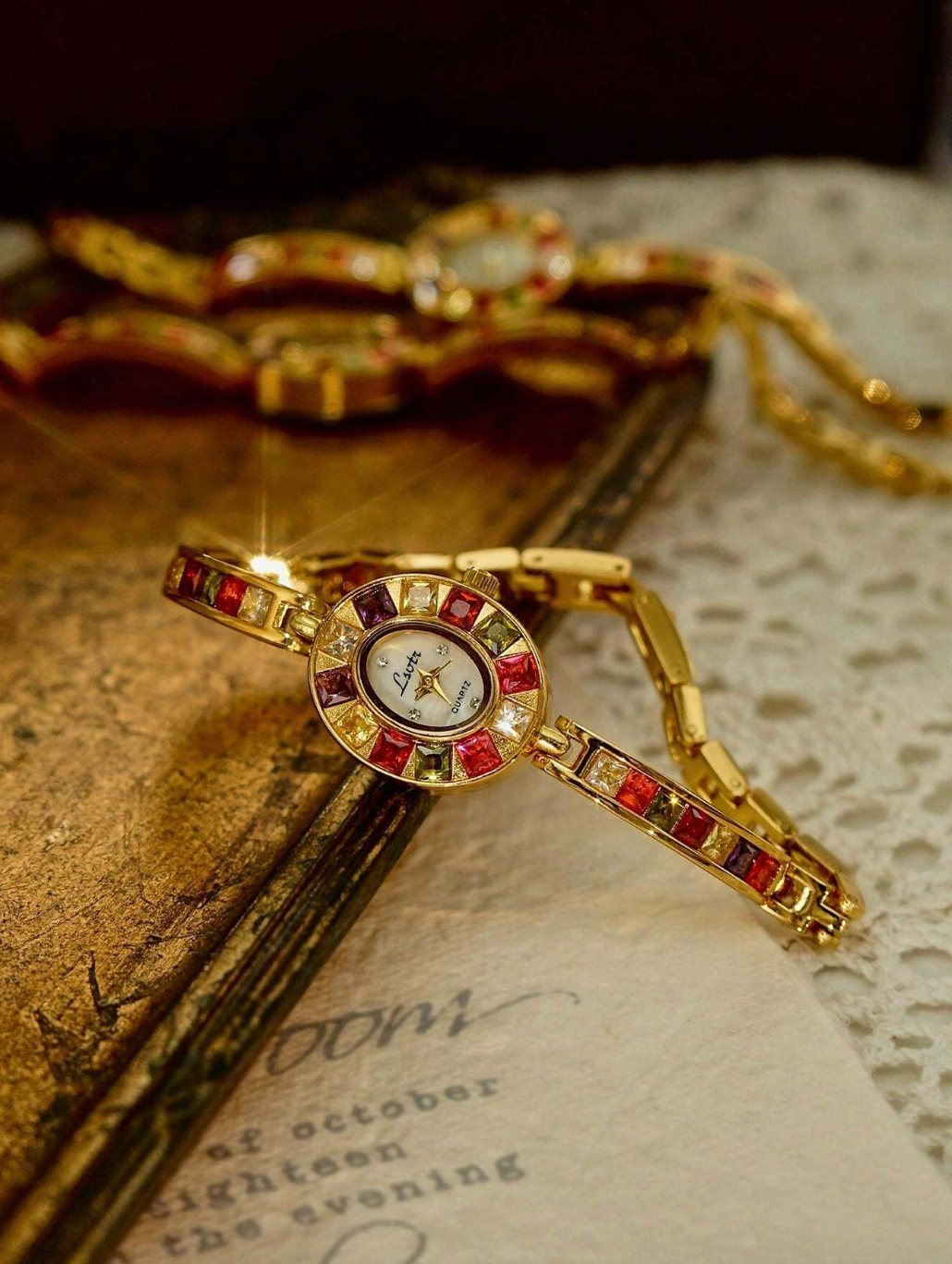 Women’s Gold And Rainbow Crystal Vintage Style Oval Watch