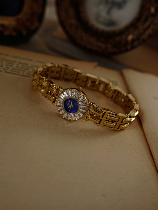 Gold And Blue Rhinestone Vintage Style Women’s Round Watch