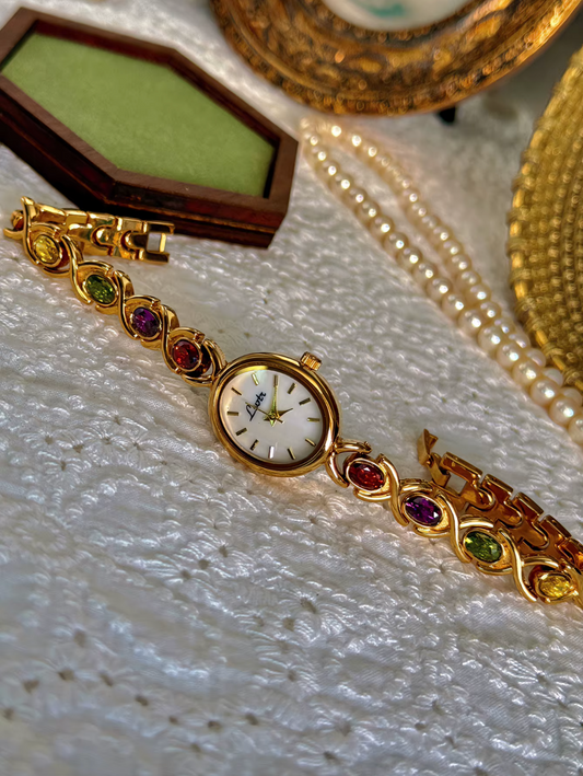 Women’s Gold And Rainbow Crystal Rhinestone Vintage Style Oval Watch