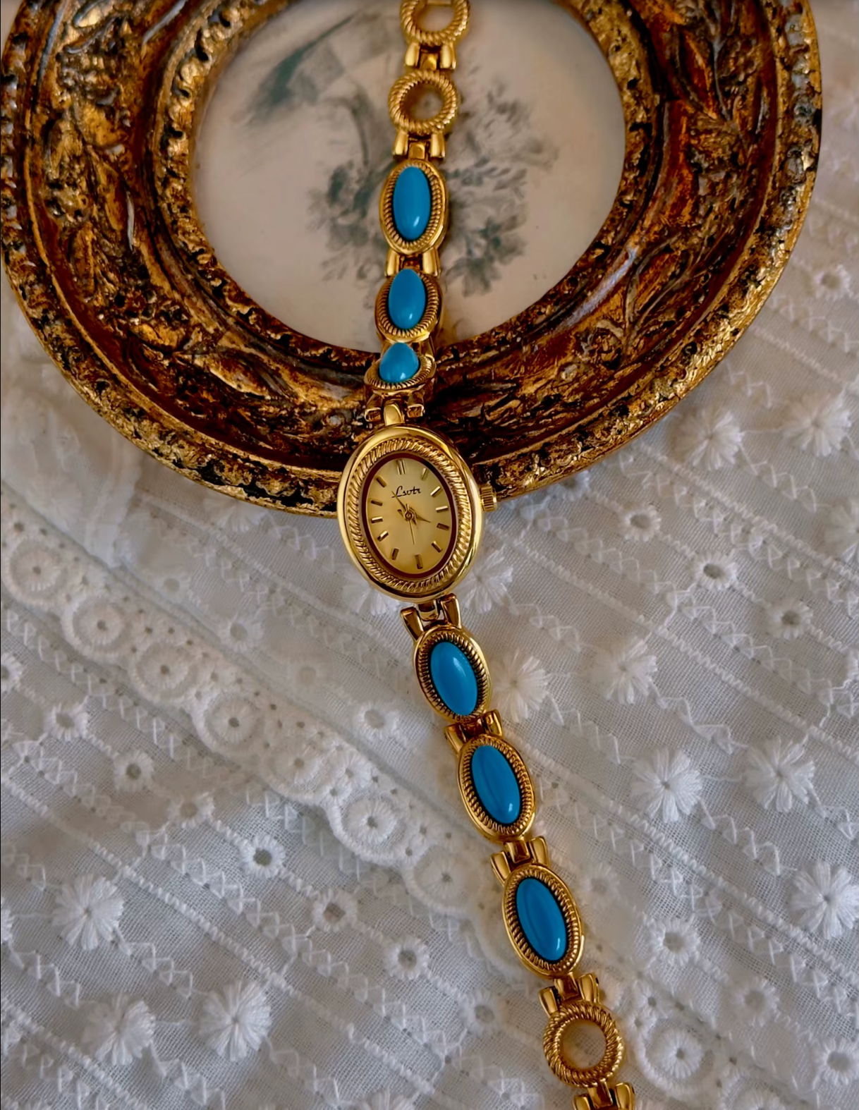 Gold And Blue French Vintage Style Unique Dainty Women’s Oval Wrist Watch Gift