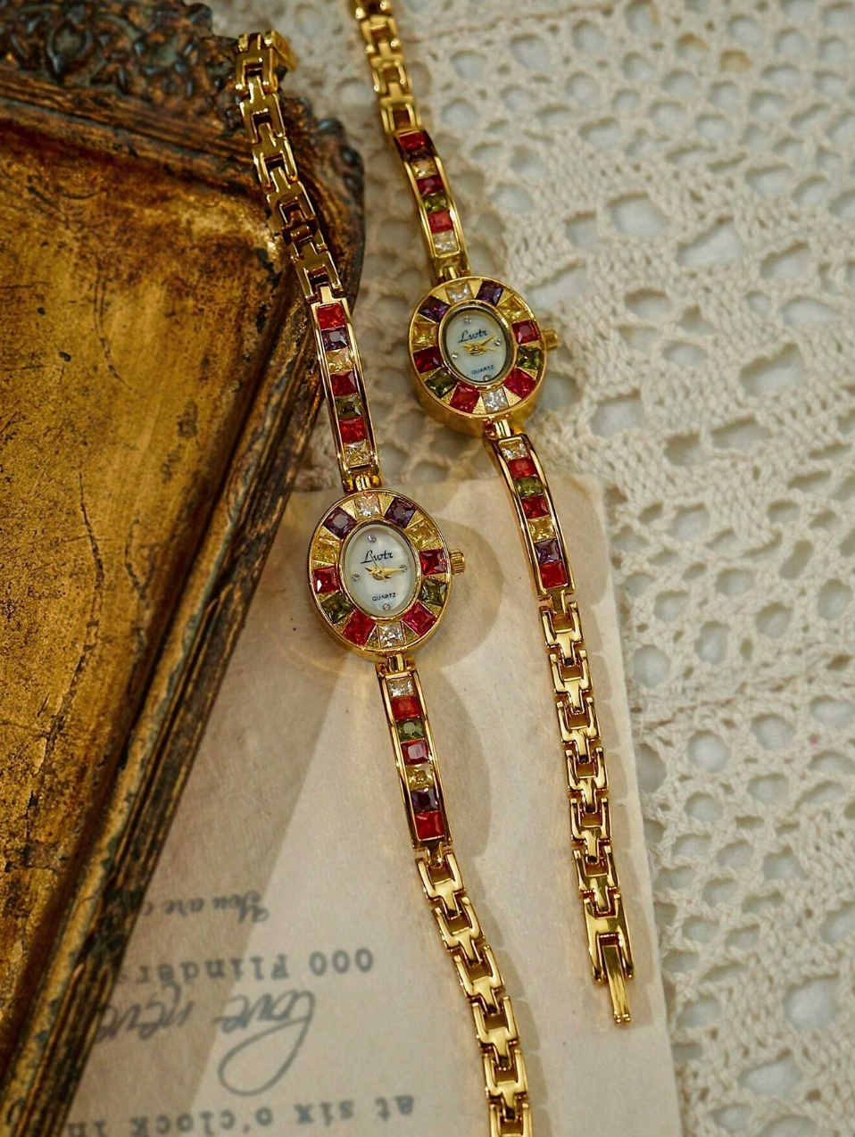 Women’s Gold And Rainbow Crystal Vintage Style Oval Watch