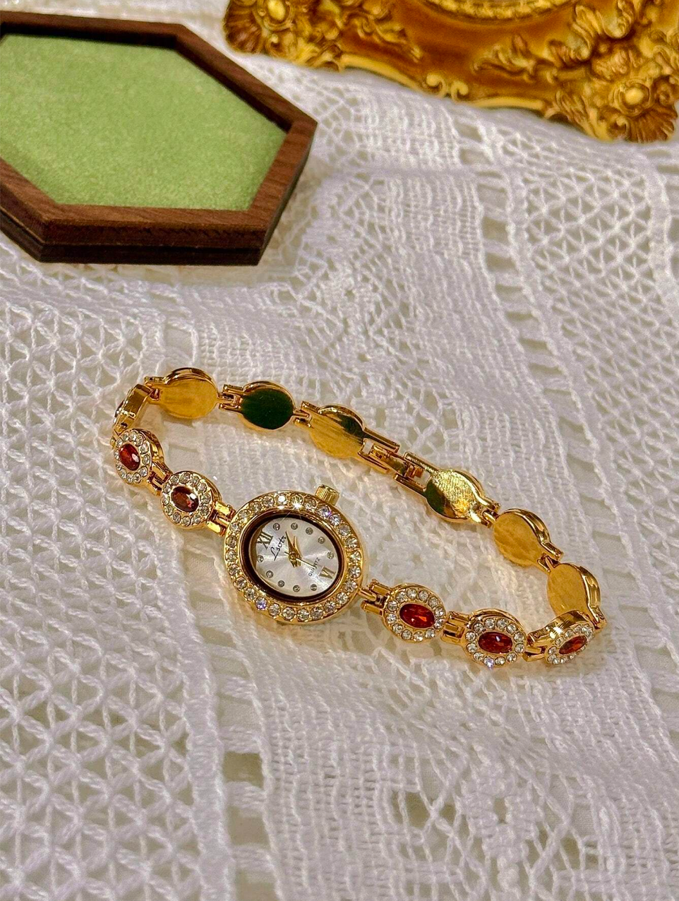 Women’s Gold And Red Rhinestone Crystal Vintage Luxury Oval Watch