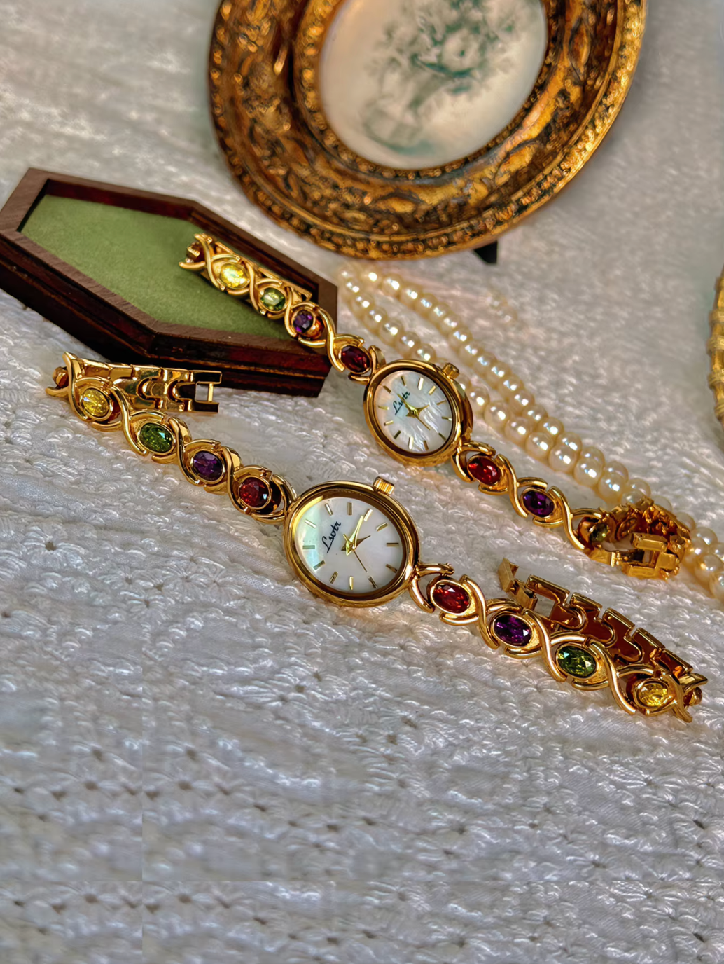 Women’s Gold And Rainbow Crystal Rhinestone Vintage Style Oval Watch