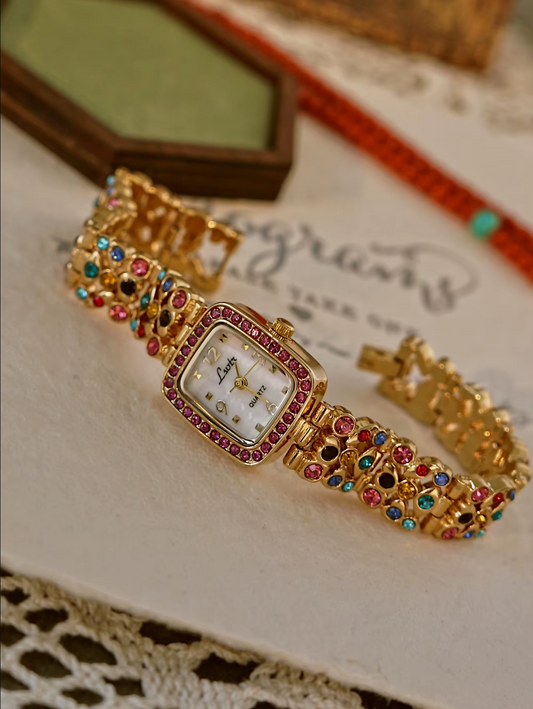 Women’s Gold And Colorful Rhinestone Band Vintage Square Watch