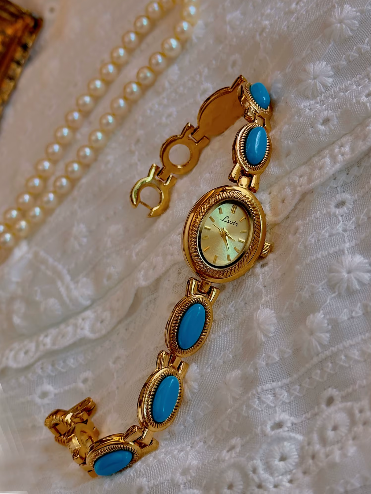 Gold And Blue French Vintage Style Unique Dainty Women’s Oval Wrist Watch Gift