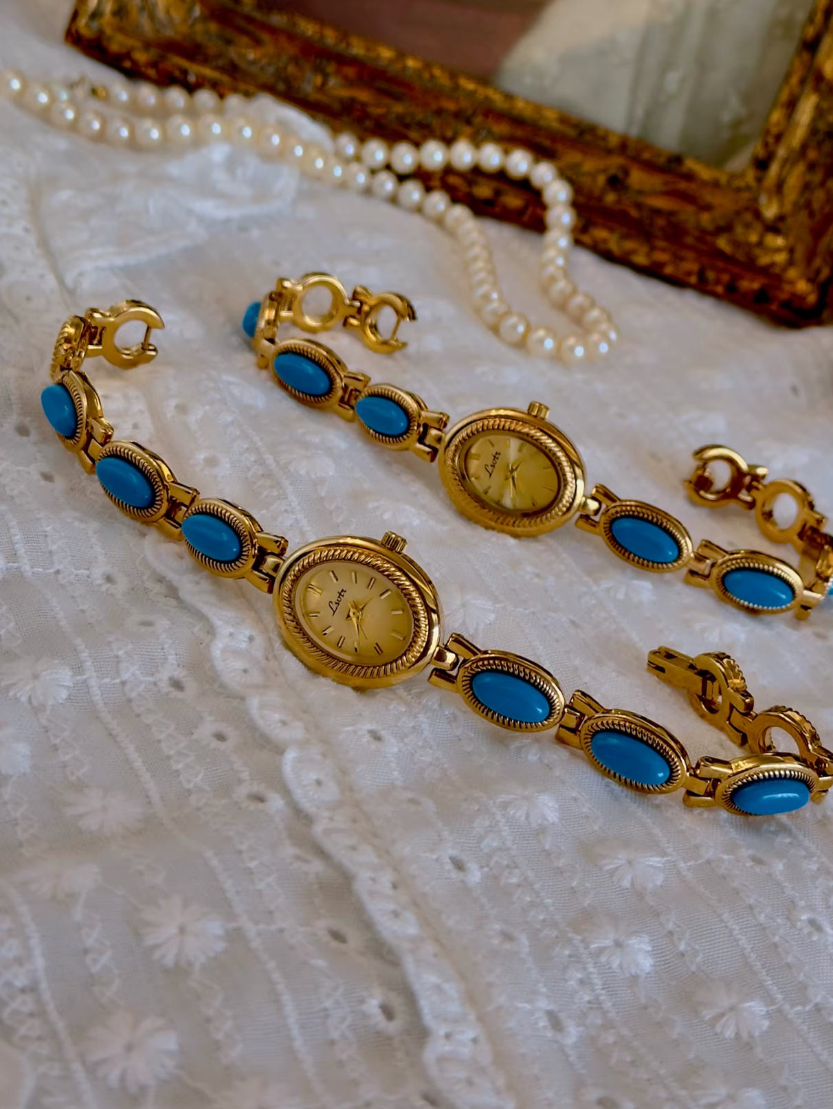 Gold And Blue French Vintage Style Unique Dainty Women’s Oval Wrist Watch Gift