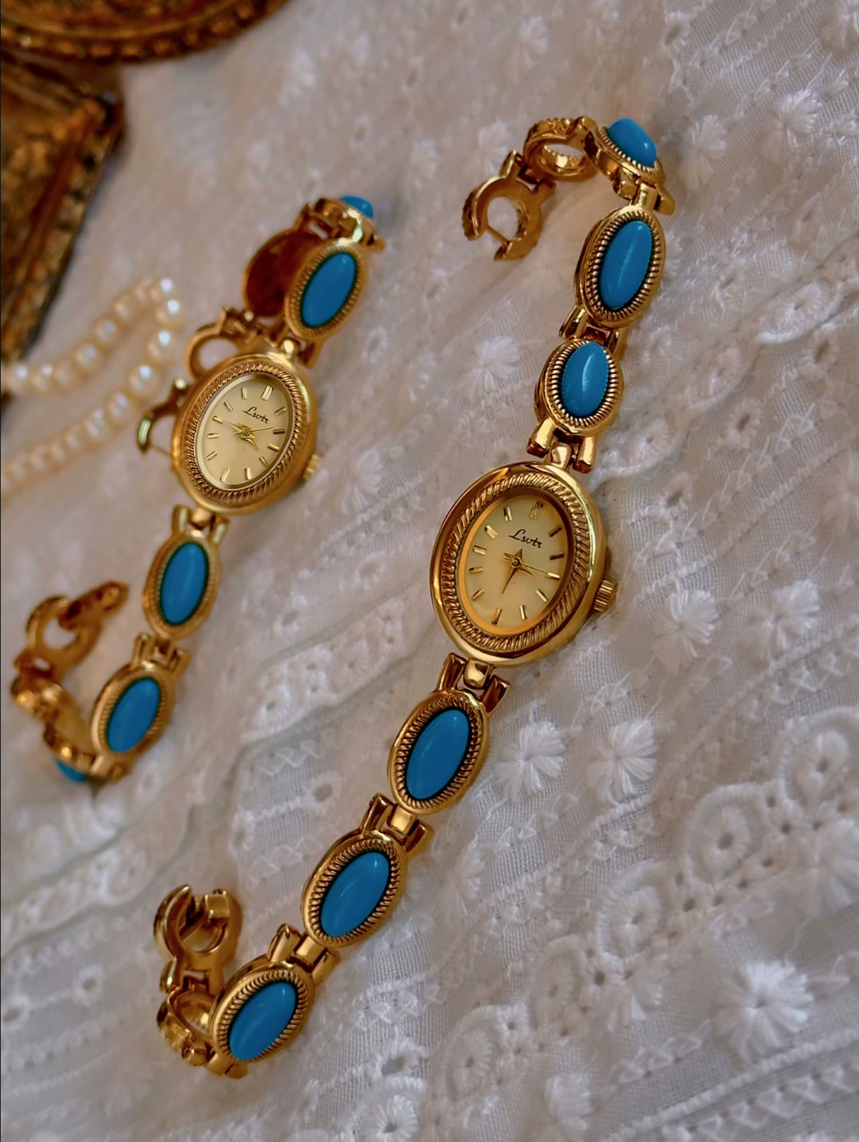 Gold And Blue French Vintage Style Unique Dainty Women’s Oval Wrist Watch Gift