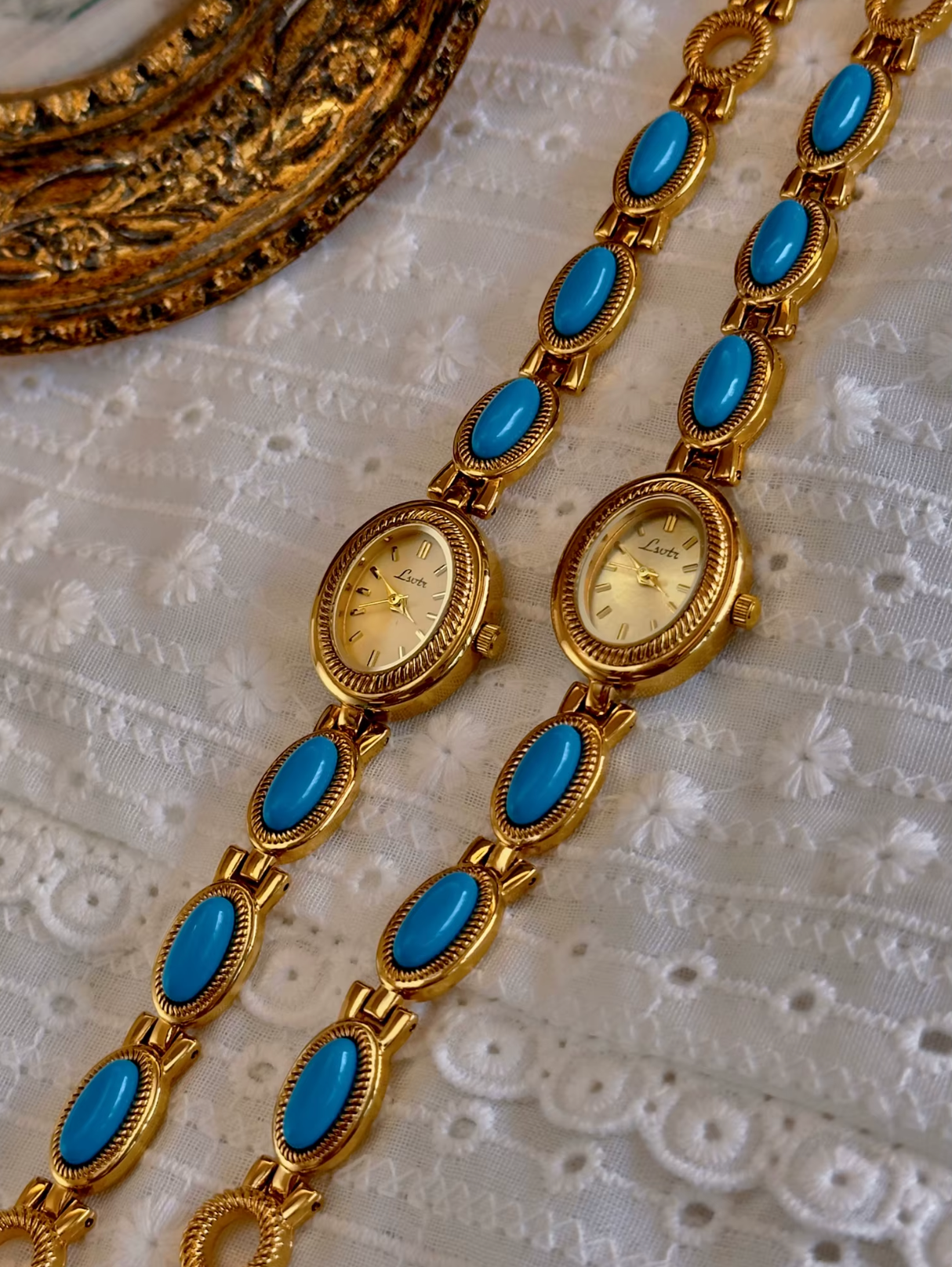 Gold And Blue French Vintage Style Unique Dainty Women’s Oval Wrist Watch Gift