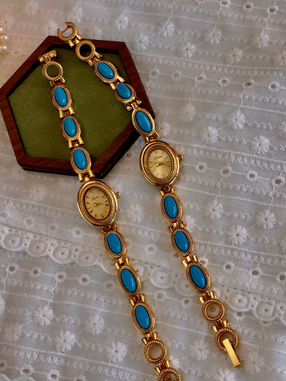 Gold And Blue French Vintage Style Unique Dainty Women’s Oval Wrist Watch Gift