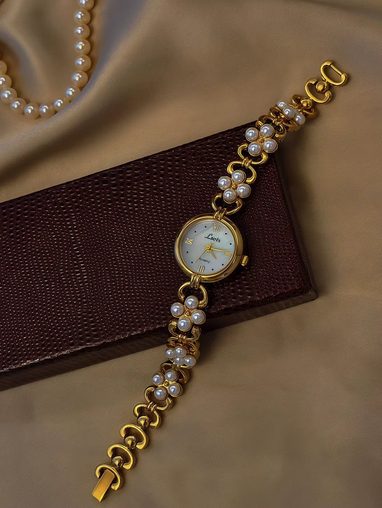 The Pearled Vine Watch - Vintage Gold Tone Women's Watch with Faux Pearl Band