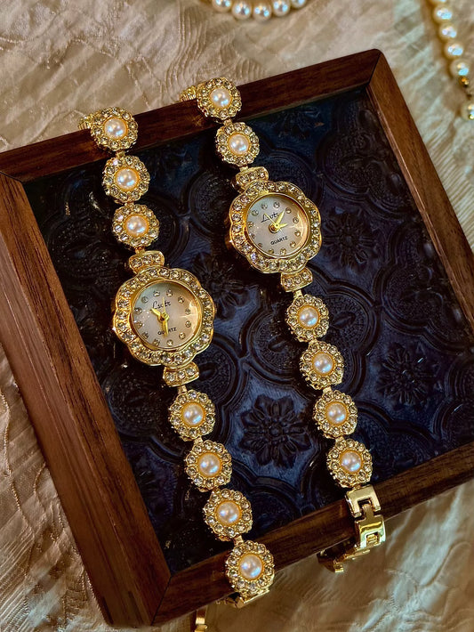 Gold Blossom Pearl Statement Watch- Gold Tone Vintage Style Unique Dainty Women’s Wrist Watch