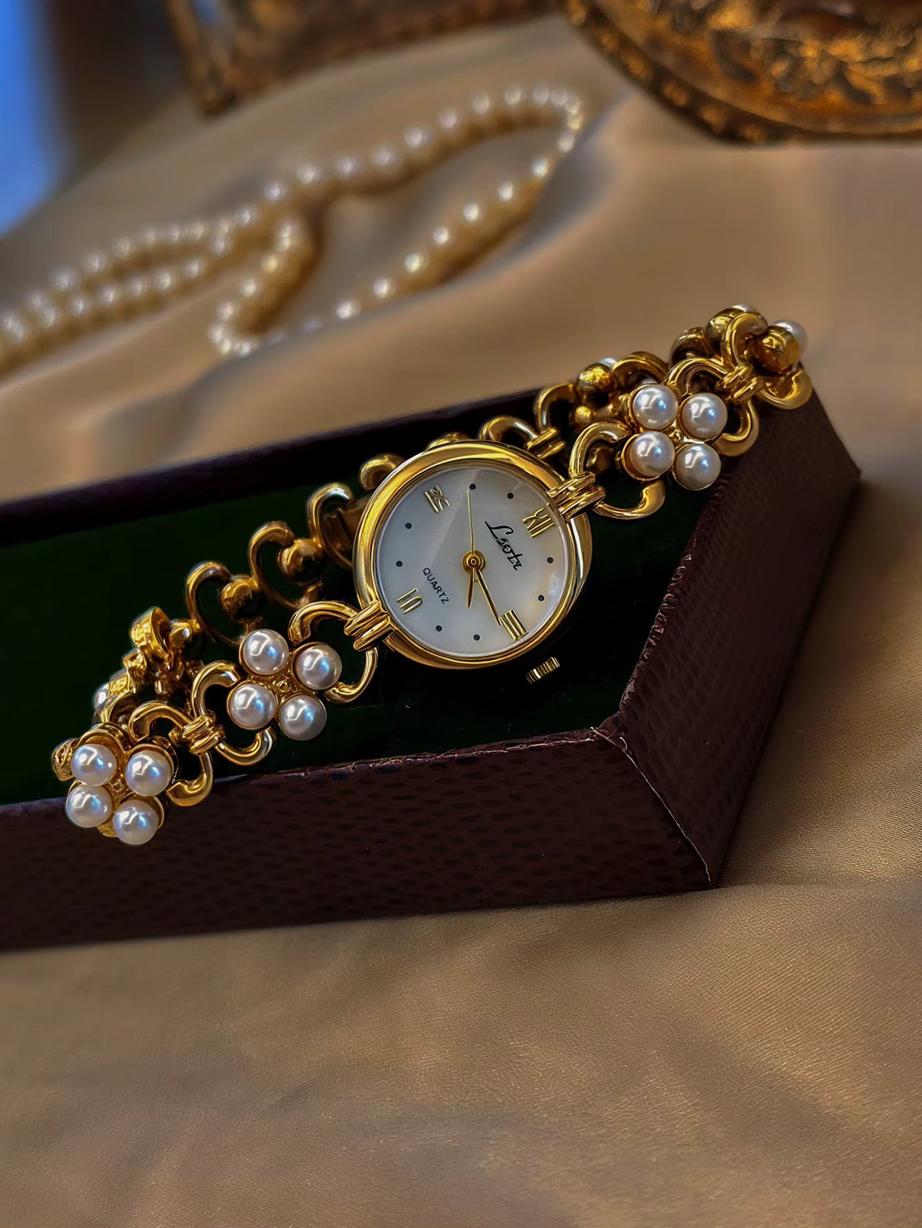 The Pearled Vine Watch - Vintage Gold Tone Women's Watch with Faux Pearl Band