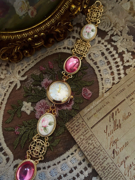 Handmade Vintage Rose Bracelet Watch | One-of-a-Kind Repurposed Unique Timepiece