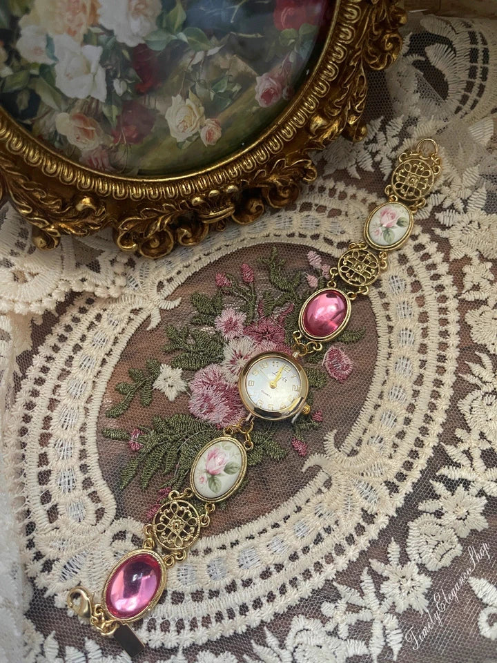 The Duchess Rose - Rose Cameo Filigree Vintage Inspired Watch for Women | Ornate Gold Timepiece