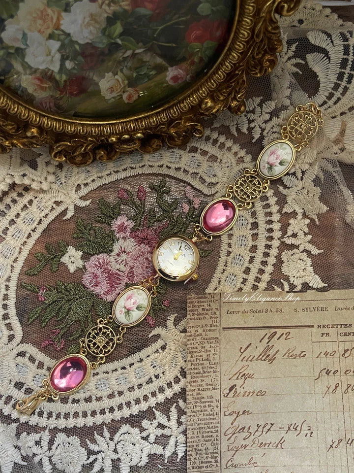 The Duchess Rose - Rose Cameo Filigree Vintage Inspired Watch for Women | Ornate Gold Timepiece