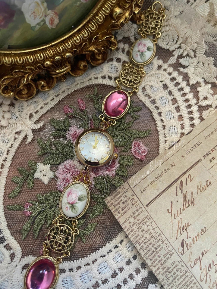 The Duchess Rose - Rose Cameo Filigree Vintage Inspired Watch for Women | Ornate Gold Timepiece