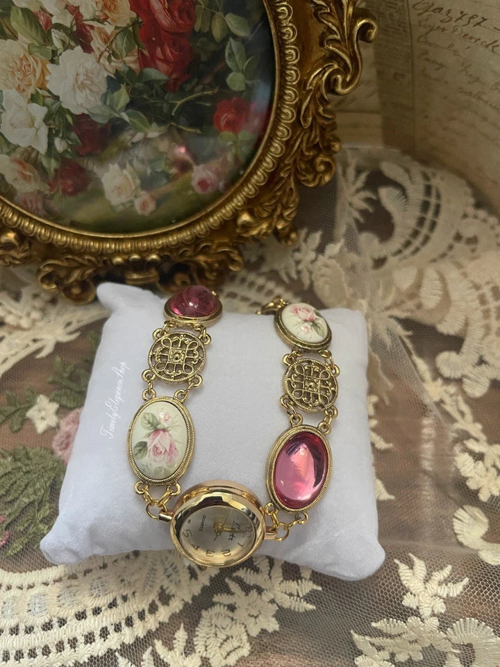 The Duchess Rose - Rose Cameo Filigree Vintage Inspired Watch for Women | Ornate Gold Timepiece